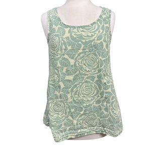 Flax Linen Floral Tank Top Womens Petite Small Green Sleeveless